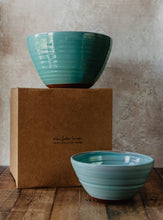 Load image into Gallery viewer, 2 large turquoise pottery bowls and a brown gift box
