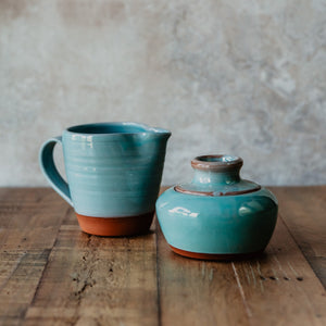 Turquoise milk jug and sugar bowl